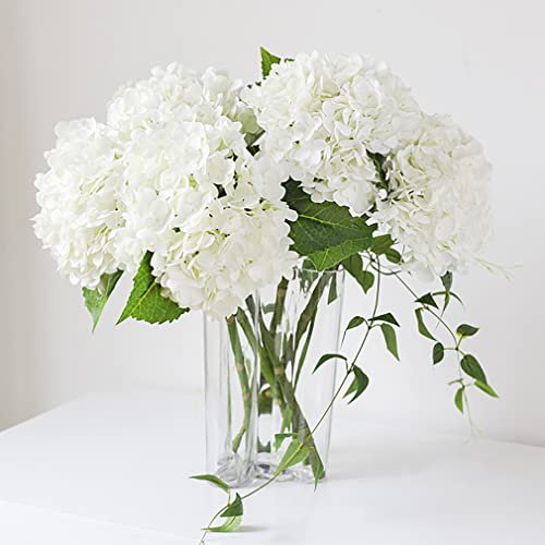 DUYONE 3 hortensias artificiales realistas de 21 pulgadas, flores artificiales de tacto real, flores secas al aire libre, boda, Navidad, oficina, fiesta, sala de estar, decoración de mesa (blanco)