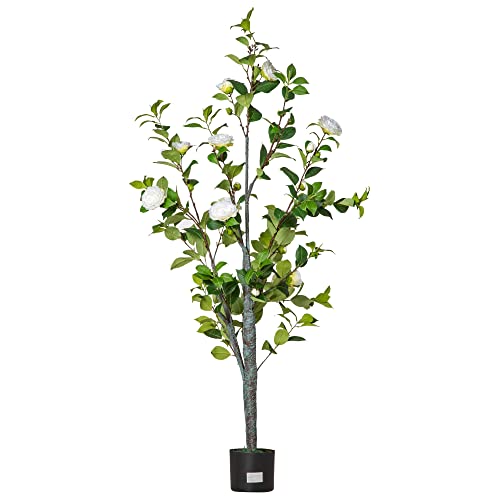 HOMCOM Árbol de Camelia Artificial 150 cm con Maceta de Cemento 285 Hojas Realistas y 25 Flores de Tela Planta Sintética Decoración para Hogar Oficina y Exterior Verde