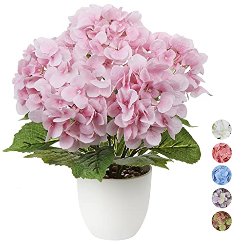 Hortensias artificiales en maceta con 5 flores de tacto real, hortensia, flores artificiales como reales para decoración de puertas y jardines, flores artificiales, flores de primavera, altura de 43cm