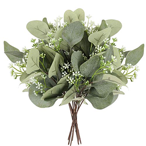 HUAESIN 10pcs Flores Artificiales Exterior Interior Rama Eucalipto Artificial Arbusto Decorativa Verde Flor Blanca Pequeña para Maceta Jarrones Boda Fiesta Iglesia Mesa Hogar Terraza Balcon Cocina
