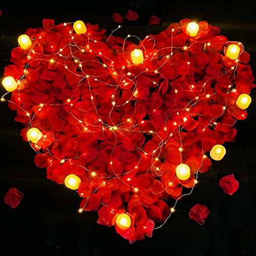 (12 unidades) Velas eléctricas LED sin llama Luces de té, incluidas (300 piezas) Pétalos de rosa artificiales falsos y tiras de luces LED de 600 cm, para decoraciones románticas