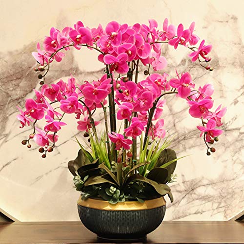 flor interior Arreglo de orquídeas de flores artificiales grandes, orquídeas falsas de falaenopsis florales con cerámica jarrón, 12 ramas orquídeas bonsai para hogar / parloso / boda fiesta flor artif