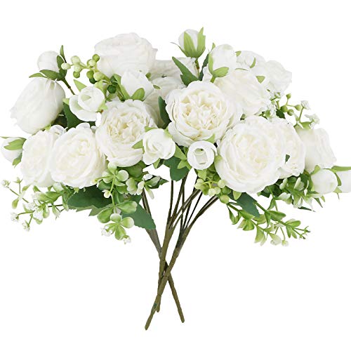 VINFUTUR 3 Ramos de Peonías Artificiales Decorativas Flores Artificiales Peonías Falsas Blancas con Verdes para Decoración Jarrón Boda Fiesta Mesa Hogar Regalos Manualidad DIY