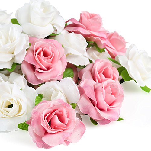 Kesote 50 Piezas de Cabezas de Rosas Artificiales de Seda Rosa Artificiales en Seda para Manualidades Decoración para Boda, Fiesta, Hogar, 25 Blanco + 25 Rosa, 4 CM