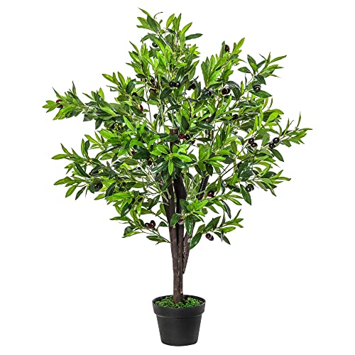 Outsunny Planta Artificial en Maceta Altura 120 cm Árbol de Olivo Sintético con 1080 Hojas Realistas y 108 Frutos Decoración para Interior Exterior Salón Oficina Verde