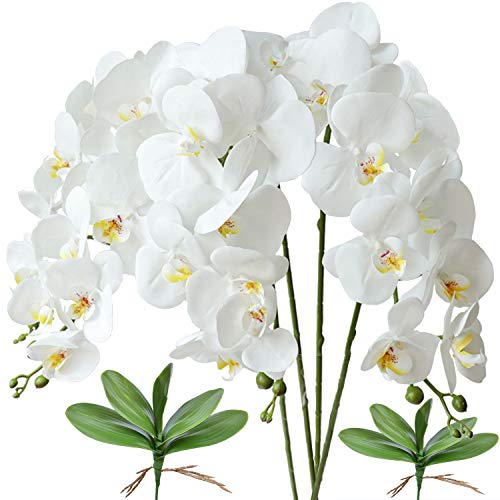 FagusHome 4 Piezas Flores Artificiales Orquídea Phalaenopsis Mariposa 80cm con 2 Piezas Hojas de Orquídea Phalaenopsis Hojas (4)