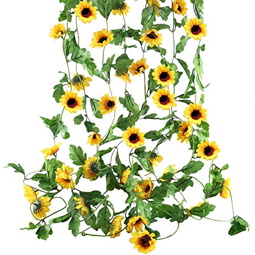 HUAESIN 4pcs Plantas Hiedra Artificial Enredaderas Girasoles Decoración, 2.5m Guirnalda de Flores Artificiales Girasoles Plastico Enredadera para Exterior Interior Boda Balcón Pared Seto Jardín