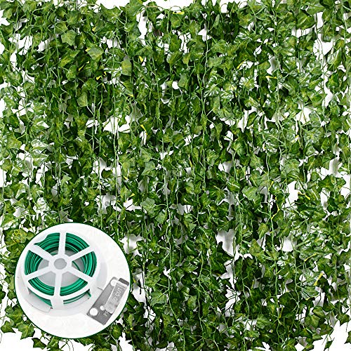 JNCH Planta Hiedra Artificial (24pcs*2m) Decoración, Hojas de Vid, Guirnalda Hiedra Artificial Enredadera, para Hogar Escalera Ventana Balcón Valla Jardín Interior Exterior, Kit 20m Lazo de Torcedura
