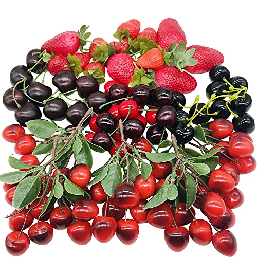 Woohome 50 Pz Frutas Artificiales, Frutas de Cerezas Artificiales Fresa Simulación Frutas Artificiales Decorativas para Decoración de Fiesta, Hogar, Cocina, Fotografía, Accesorio
