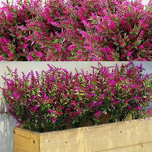 12 Manojos Arbustos Artificiales de Lavanda Flores Artificiales para Exterior Lavanda de Vegetación Artificial Plantas Resistentes a Rayos UV para Arreglo Floral (Fucsia)