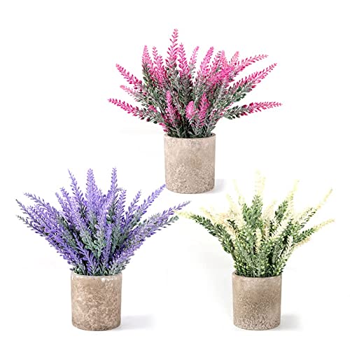 DECOHEM Plantas Artificiales - Set de Lavandas Decorativas con Maceta - Interior Exterior - 3 Piezas - 25 cm - Hogar Oficina Restauración