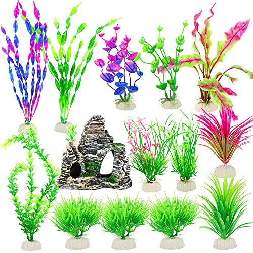 13 Plantas Artificiales Acuario 7-30cm + 1 Roca para Acuario Plantas Verdes Plástico Montaña Piedras para Acuario Decoración de Acuario Pecera